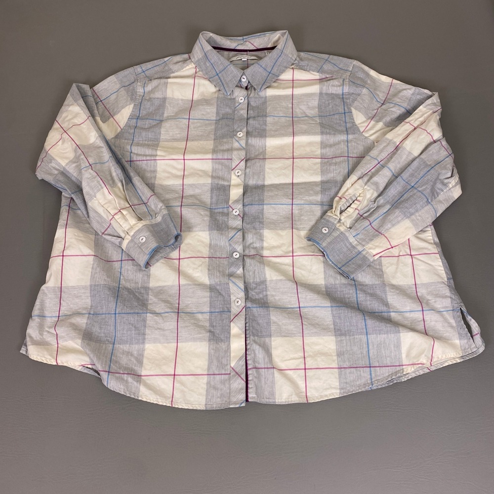 Foxcroft NYC Shirt Button Up Women's Plus 22W Gray Pink Plaid Cotton Long Sleeve